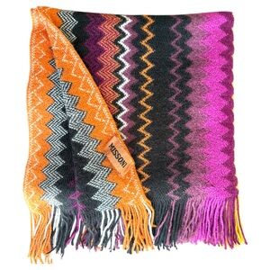 Missoni Zig Zag Knit Long Rectangle Scarf Orange Purple Black Wool Fringe Ends
